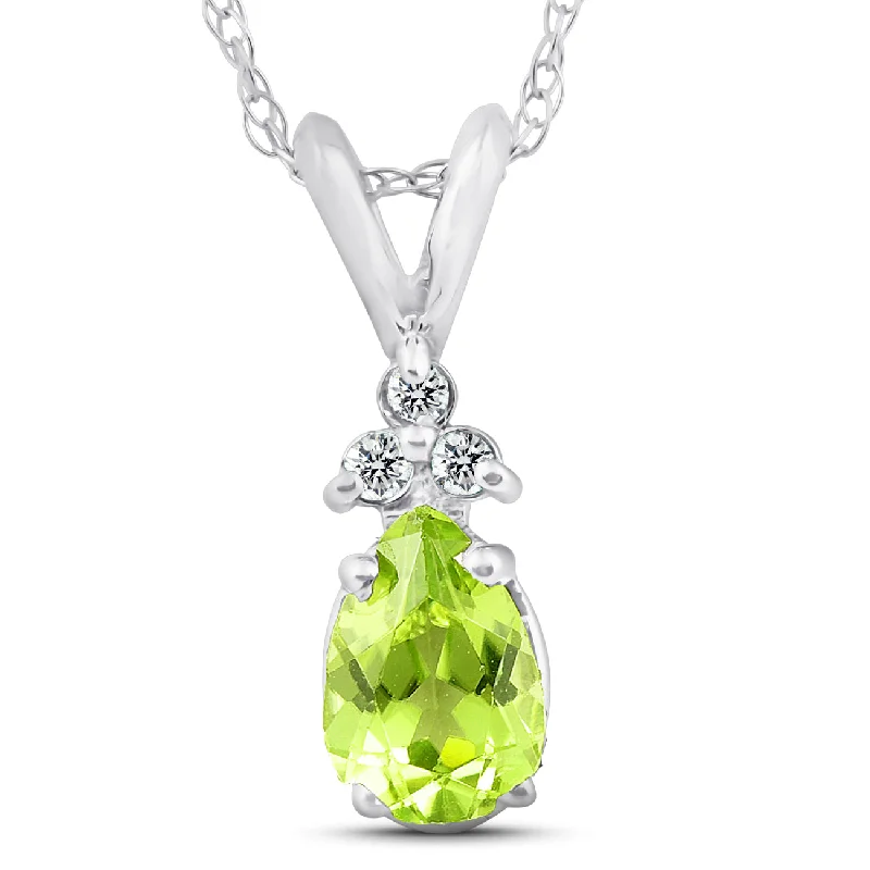 Smooth gem necklaces-1/2ct Pear Peridot & Diamond Solitaire Pendant 14K White Gold With 18" Chain