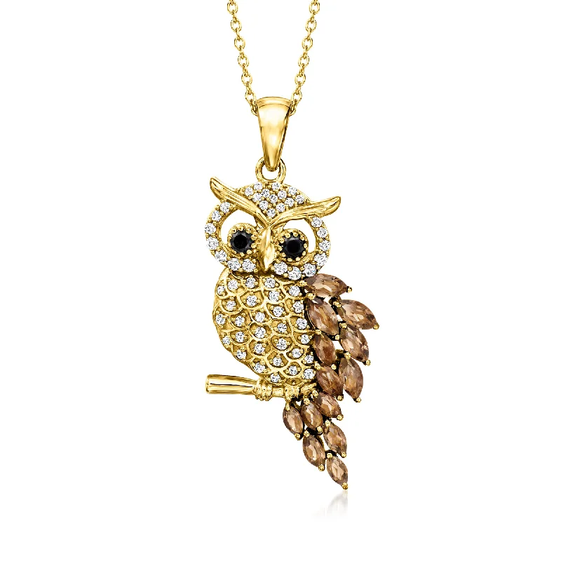 Flexible thread necklaces-Ross-Simons Smoky Quartz, . White Zircon and . Black Spinel Owl Pendant Necklace in 18kt Gold Over Sterling