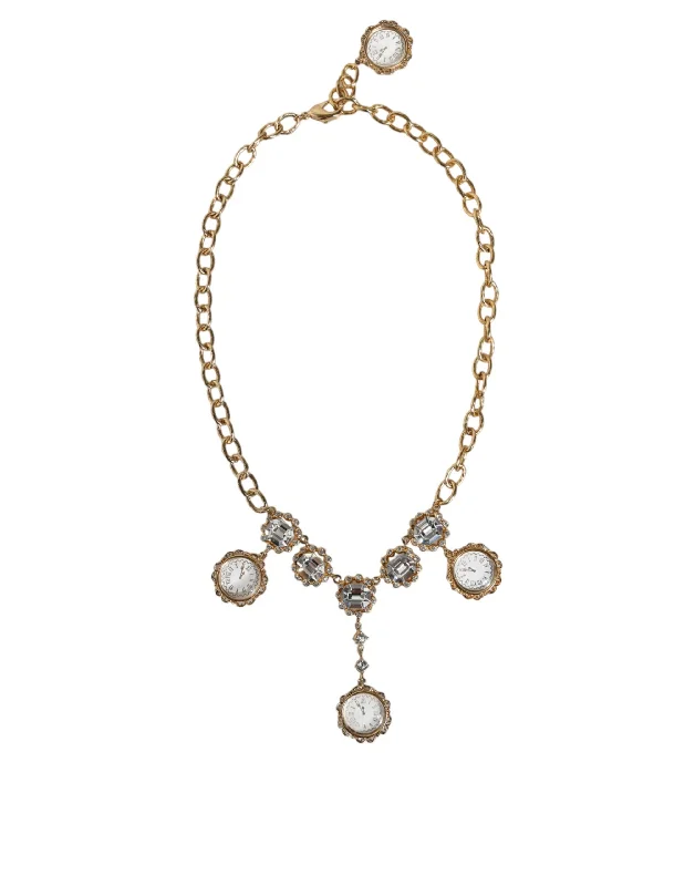 Art deco necklaces-Dolce & Gabbana  Chain Brass Crystal Clock Statement Women's Necklace