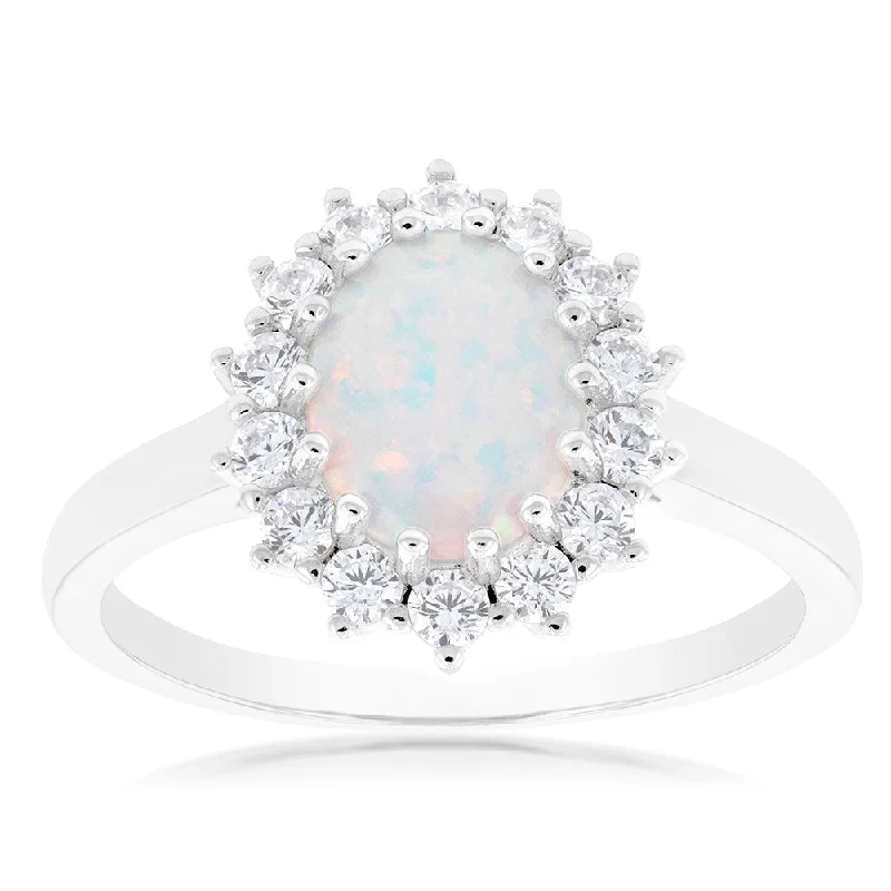 Wide gold rings-Sterling Silver Rhodium Plated Cubic Zirconia Synthetic Opal Round Ring