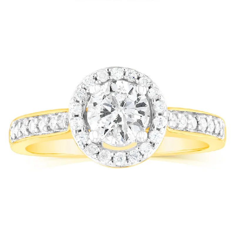 Wide band rings-14ct Yellow Gold 1 Carat Brilliant Cut Diamond Halo Solitaire Ring with Diamonds on Shank