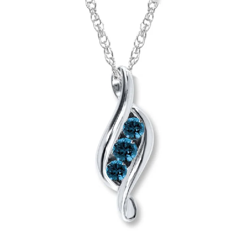 Silk choker necklaces-1ct 3 Stone Blue Diamond Pendant 14K White Gold