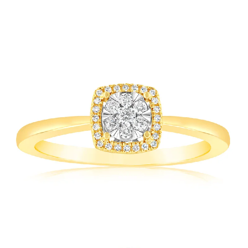 Wide band rings-9ct Yellow Gold 1/6 Carat Diamond Cluster Halo Ring