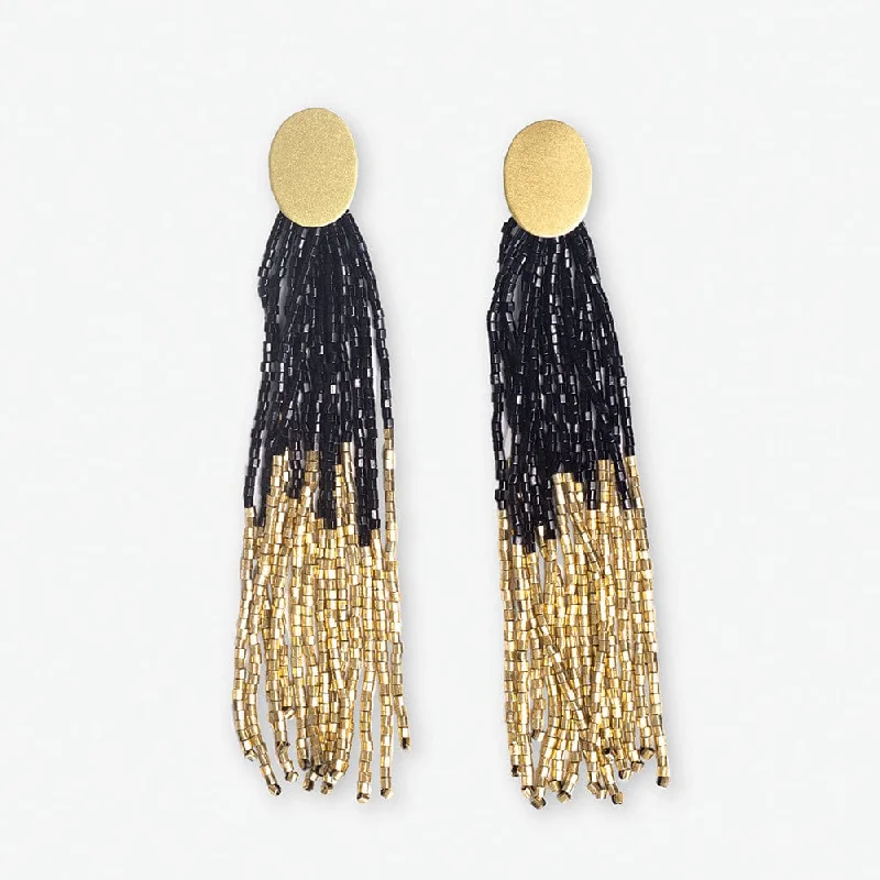 Curved drop earrings-Mae Oval Brass Post 2-Color Beaded Tassel Earrings Black