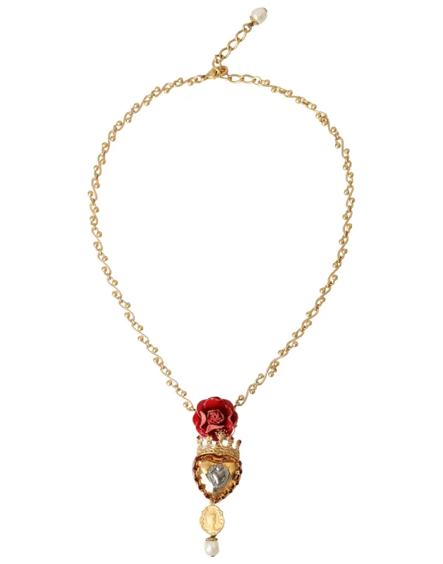 Burnished bronze necklaces-Dolce & Gabbana  BrassChain Sac Heart Rose Crystal Charm Women's Necklace