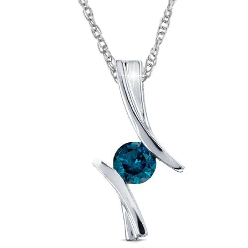 Braided link necklaces-1/2ct Blue Diamond Solitaire Pendant 14K White Gold 3/4" Tall (Blue,I2-I3)