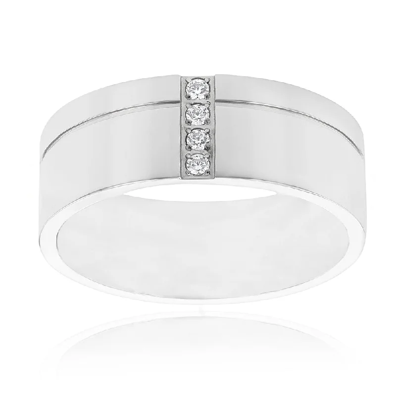 Oval shape rings-Stainless Steel Cubic Zirconia On 8mm Wide Matt Finish Ring