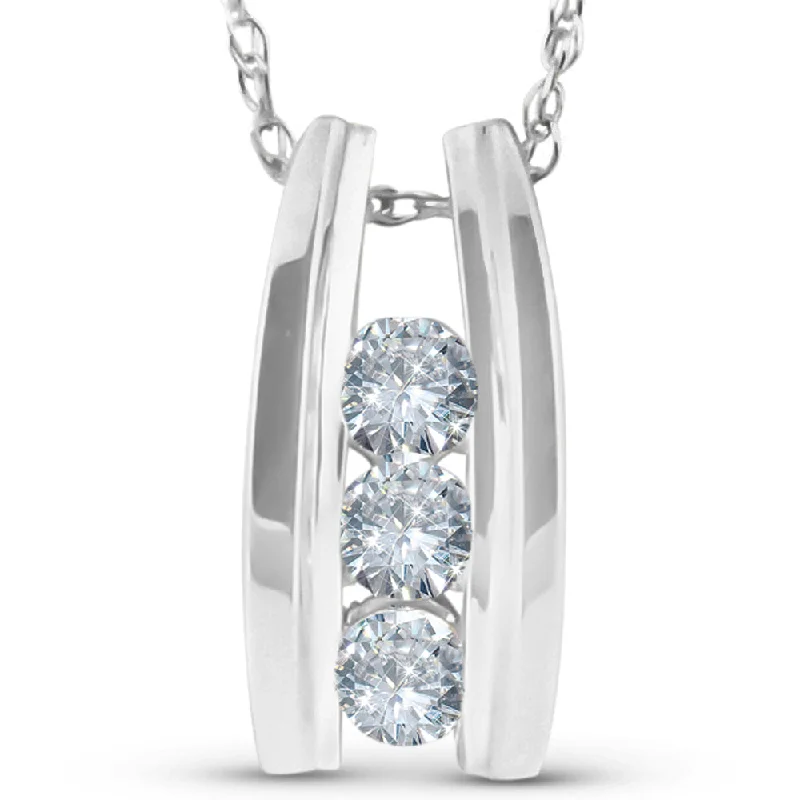 Radiant pearl necklaces-1/4 Ct Three Stone Diamond Pendant 14k White Gold 1/2" Tall