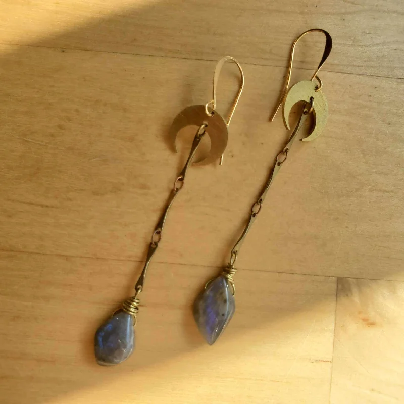 Gem weave earrings-Crescent Moons w/ Crystal Dangles