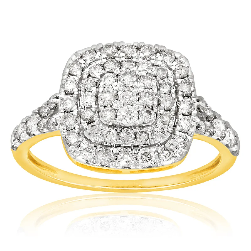 Bright silver rings-9ct Yellow Gold 1 Carat Diamond Cushion Shape Cluster Ring