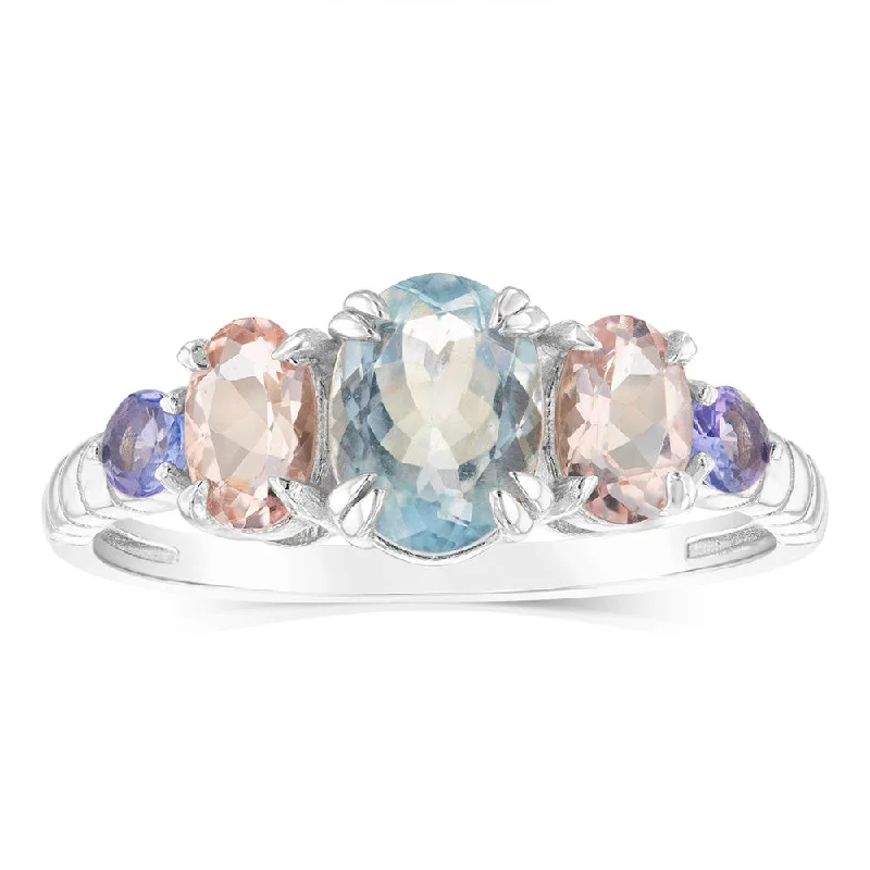 Spinel rings-Sterling Silver 2.25Cts Aquamarine, 2 Morganite & 2 Tanzanite Stone Fancy Ring