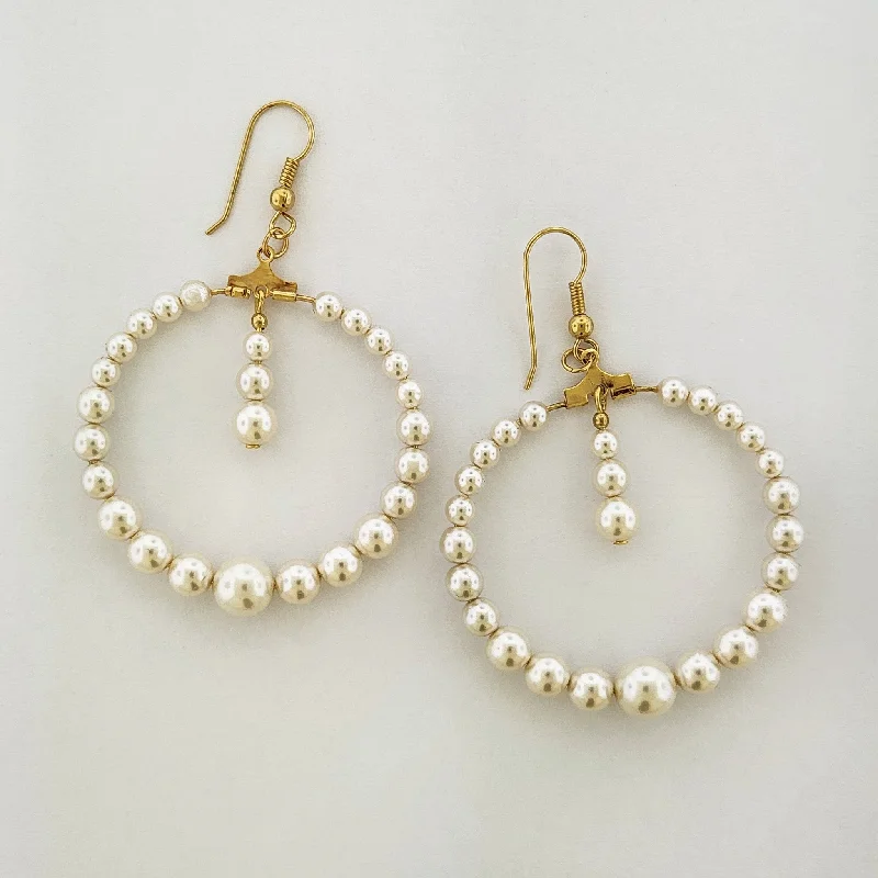 Lunar glow earrings-Big Circle Pearl Earrings with Center Drop and Hook