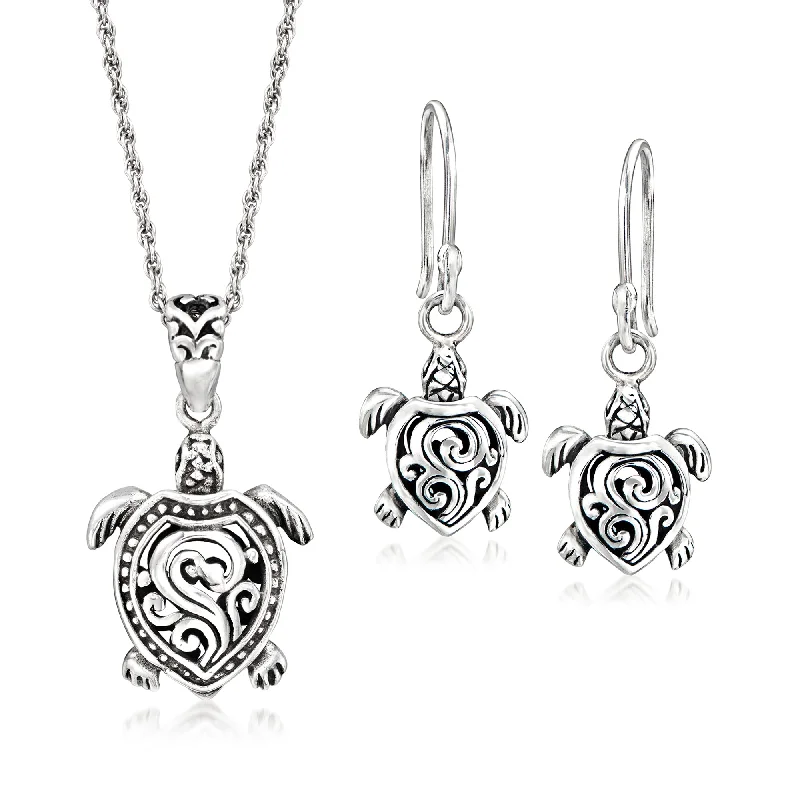 Wrapped thread necklaces-Ross-Simons Sterling Silver Turtle Jewelry Set: Necklace and Drop Earrings