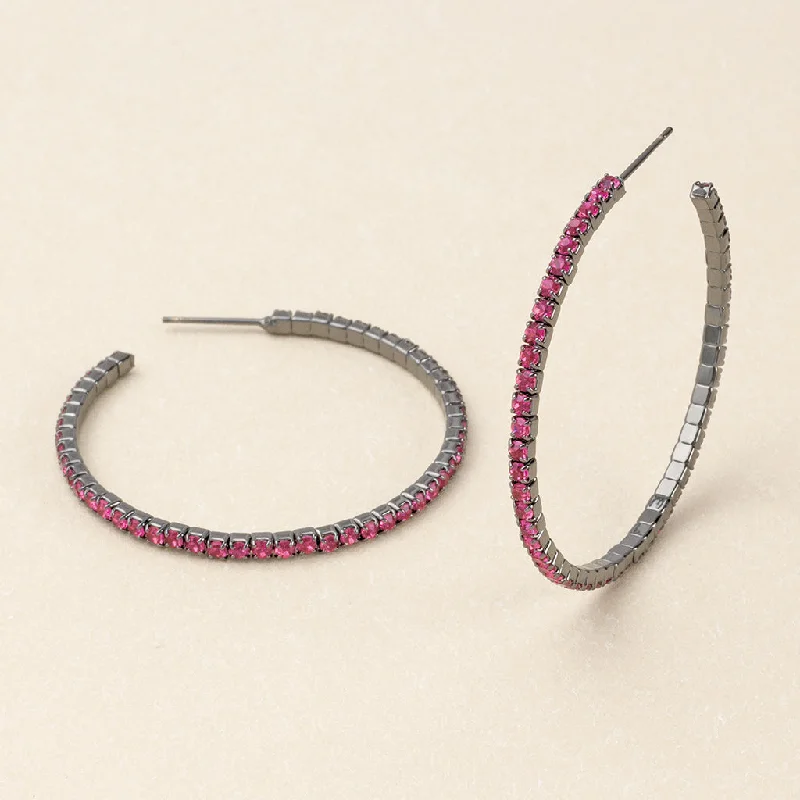 Loop knot earrings-Sparkle & Shine Lg Rhinestone Hoop Earring - Fuchsia/Gun Metal