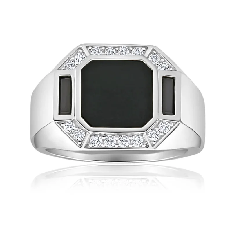 Flex open rings-Sterling Silver Onyx + Cubic Zirconia Gents Ring