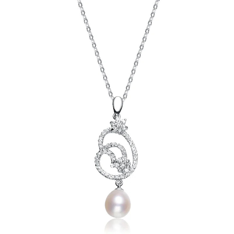 Art deco necklaces-Cz Sterling Silver Pearl Drop Pendant