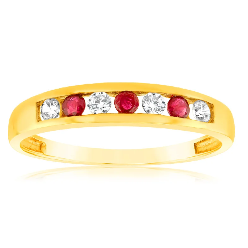 Thin rose rings-9ct Yellow Gold Created Ruby and Cubic Zirconia Channel Set Ring