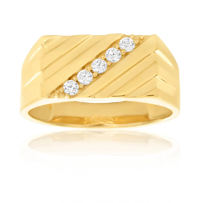 Silk cord rings-9ct Yellow Gold Diagonal Channel Set Cubic Zirconia Gents Ring