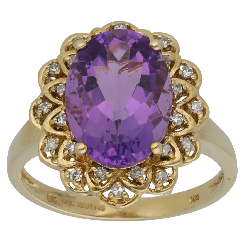 Thin pearl rings-9ct Gold Amethyst & 0.24ct Diamond Dress/Cocktail Ring Size T