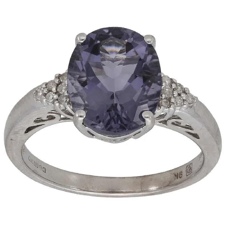 Raven design rings-9ct White Gold Iolite & 0.06ct Diamond Single Stone Ring with Accent Stones Size O