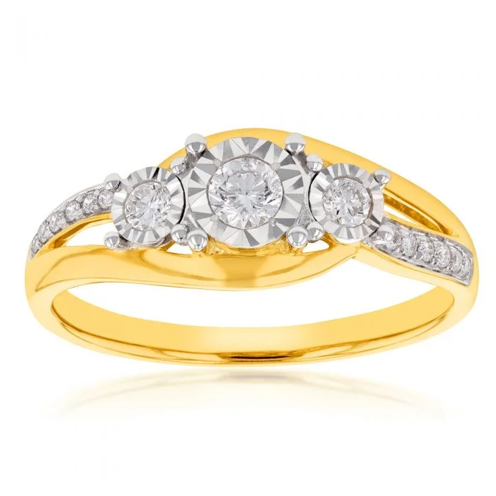 Wide gold rings-9ct Yellow Gold 1/4 Carat Diamond Trilogy Ring both