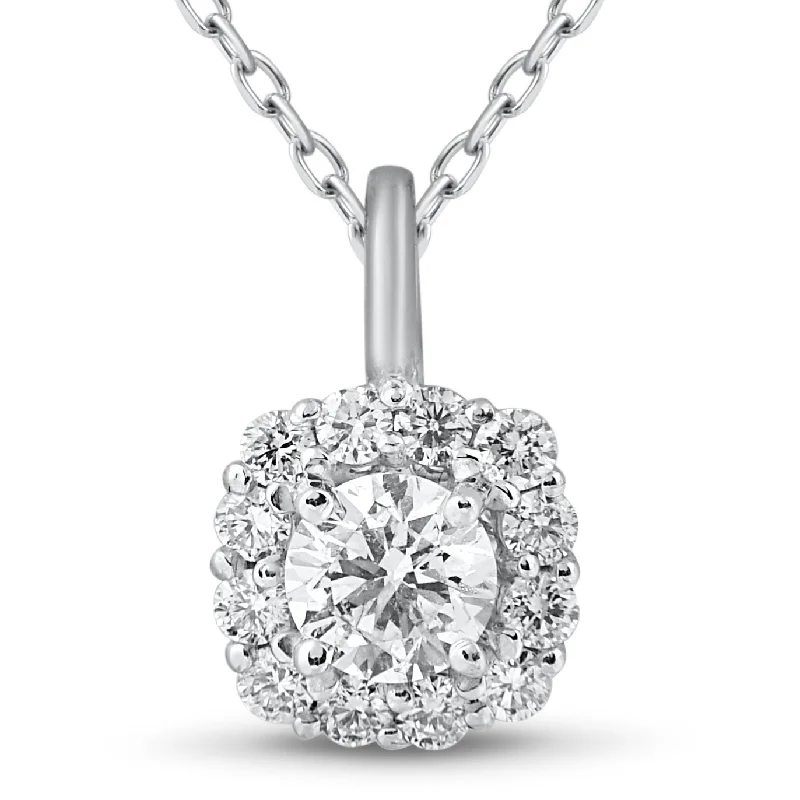 Secure clasp necklaces-5/8ct Cushion Halo Diamond Pendant 14k White Gold & 18" Chain