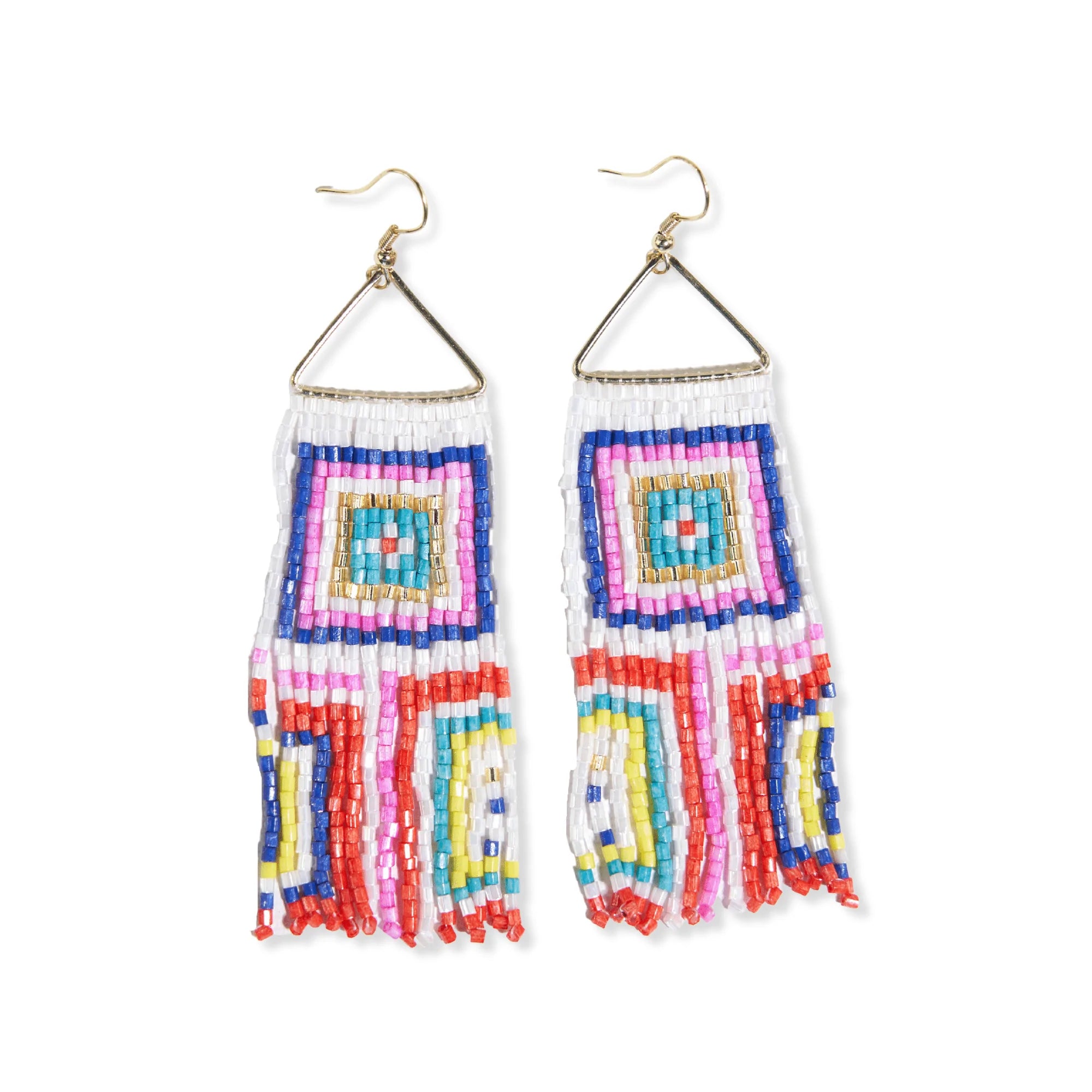 Silk cord earrings-Neon White Square Fringe Earrings