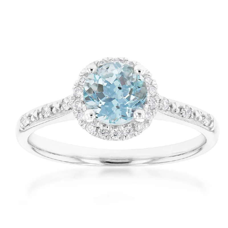 Onyx gem rings-9ct White Gold 0.75ct Aquamarine and 1/10 Carat Diamond Halo Ring