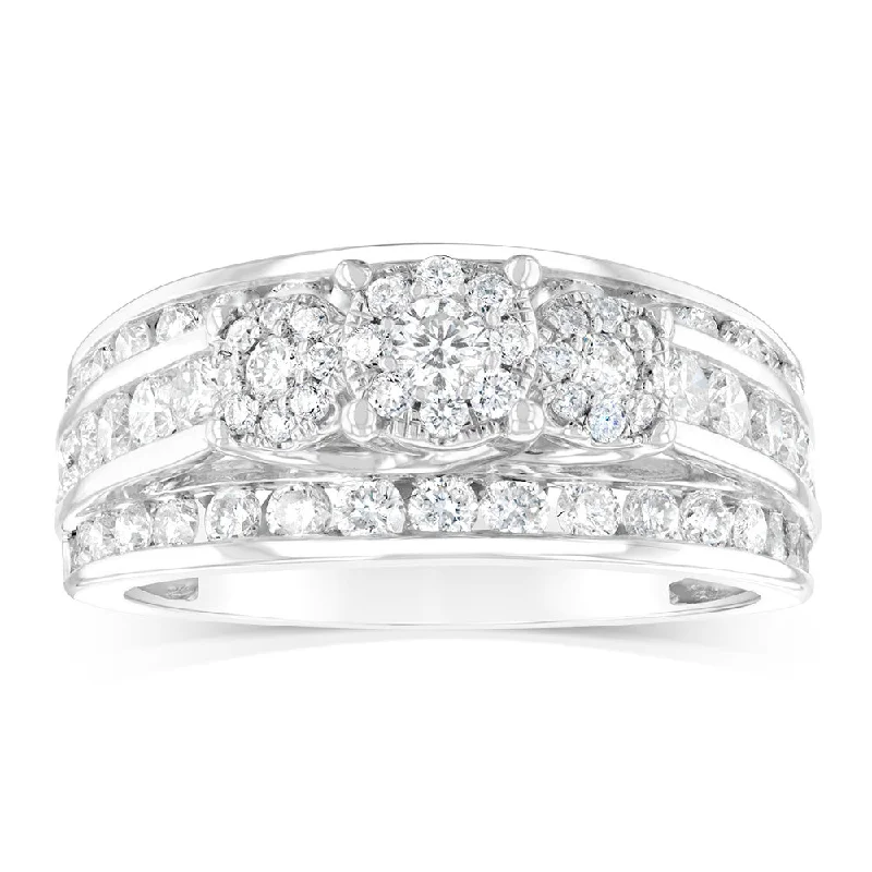 Gem stack rings-14ct White Gold 1.5 Carat Diamond Trilogy Ring with 3 Round Brilliant Cut Diamonds Surrounded by Diamond Halos and Channel Set Band