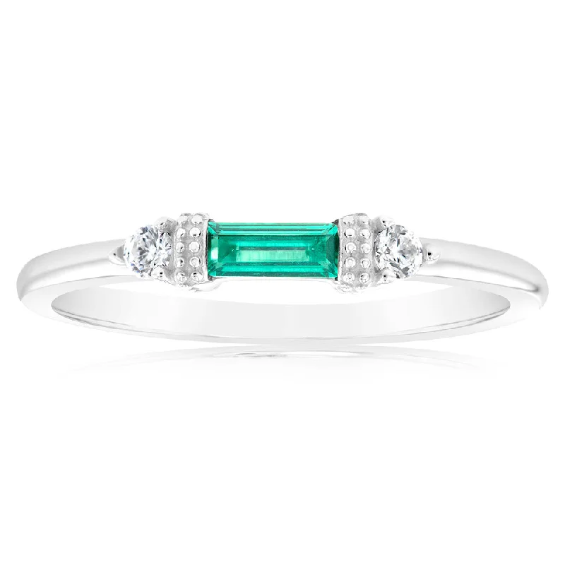 Crystal-twisted rings-Sterling Silver Rhodium Plated Emerald Stone White Cubic Zirconia Ring