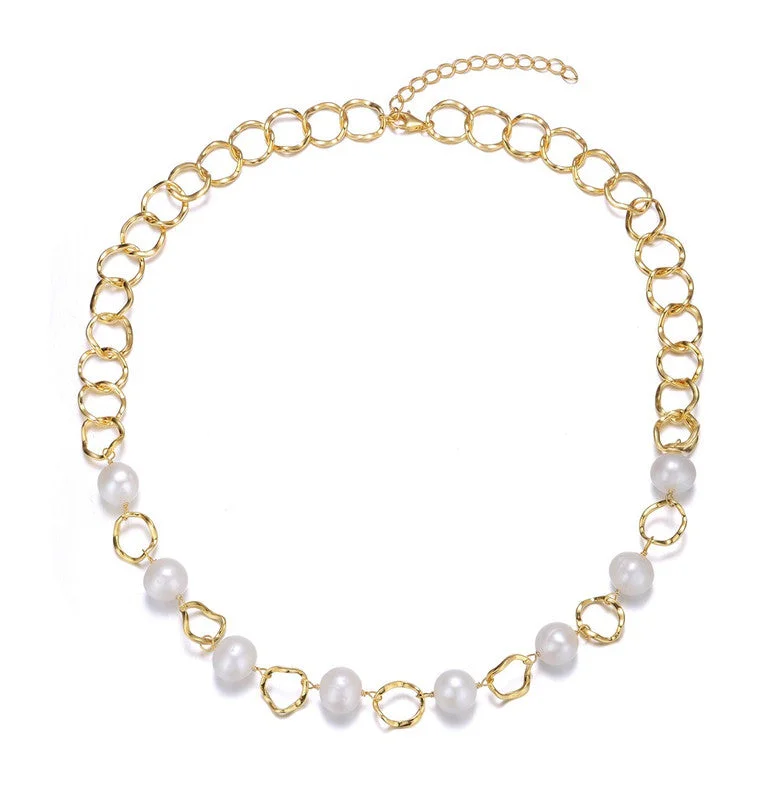 Chic art necklaces-Sterling Silver 14k Gold Plated Genuine Freshwater Pearl Link Necklace