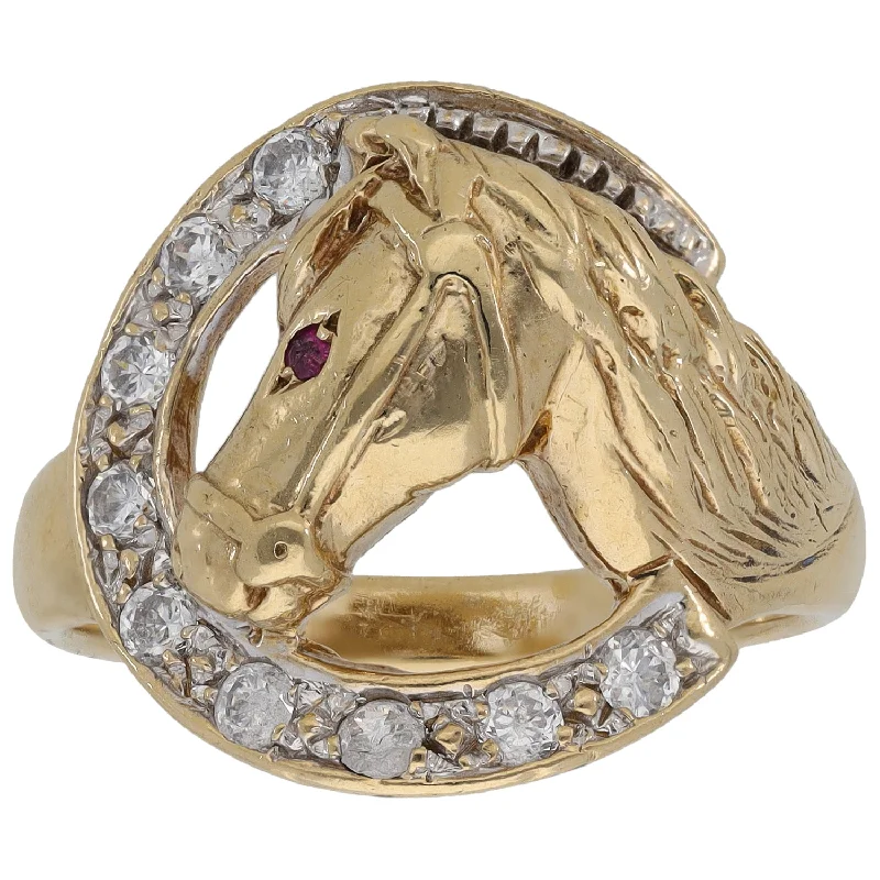 Tri-metal rings-9ct Gold Ruby & Cubic Zirconia Horse Ring Size X