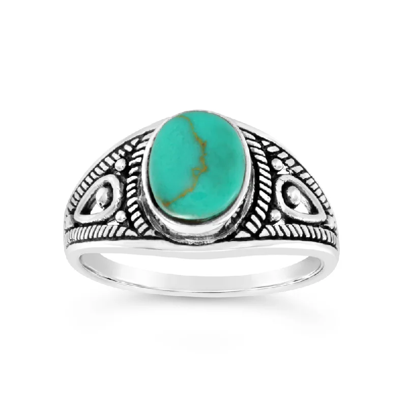 Pure crystal rings-Sterling Silver Created Turquoise Oval Oxidised Ring