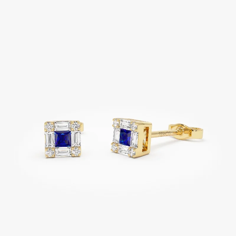 Silk cord earrings-14K Princess-Cut Sapphire Stud Earrings with Diamond Halo