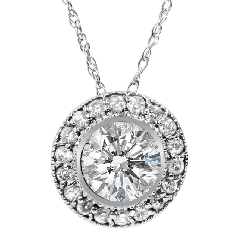 Offset design necklaces-1ct Vintage Diamond Solitaire Halo Pendant 14K White Gold