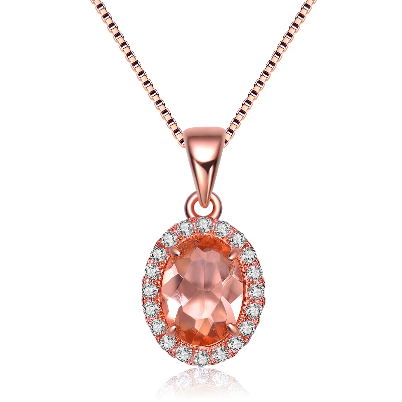 Classic locket necklaces-Gv Silver Rose Gold Plated Champagne Cubic Zirconia Oval Necklace