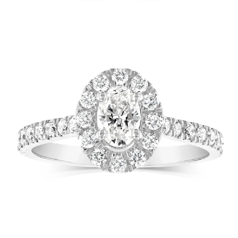 Fine band rings-Luminesce Lab Grown 9ct White Gold 1 Carat Diamond Halo Solitaire Ring with Oval Centre Diamond