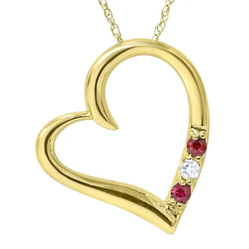 Layered chain necklaces-Diamond & Ruby Heart Pendant 3-Stone 10K Yellow Gold with 18" Chain