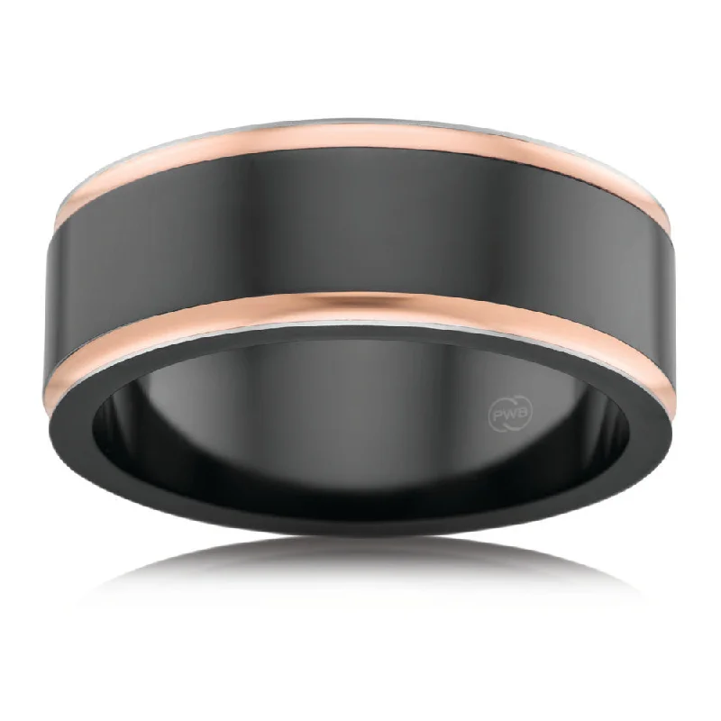 Sky theme rings-9ct Rose Gold and Zirconium 8mm Gents Ring. Size T and U.