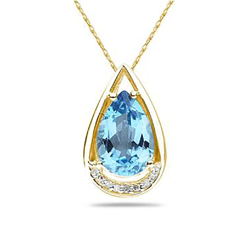 Gloss finish necklaces-Pear Shaped Topaz And Diamonds Raindrop Pendant In 10K Yellow  Gold