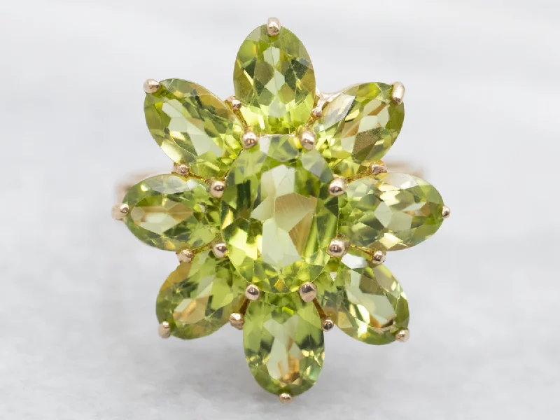 Ruby inlay rings-Yellow Gold Peridot Flower Cluster Ring