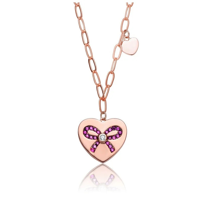 Bright bead necklaces-Kids/Young Teens 18k Rose Gold Plated Bow Tie on Heart Shaped Pendant