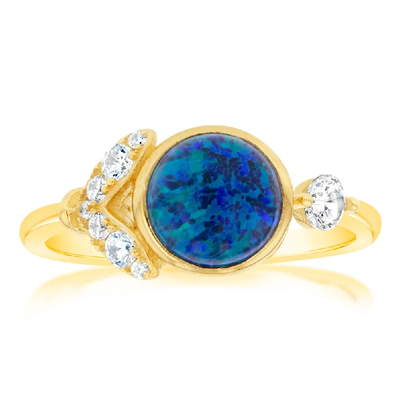 Topaz solitaire rings-Sterling Silver Yellow Gold Plated Dark Blue Created Opal And Zirconia Ring