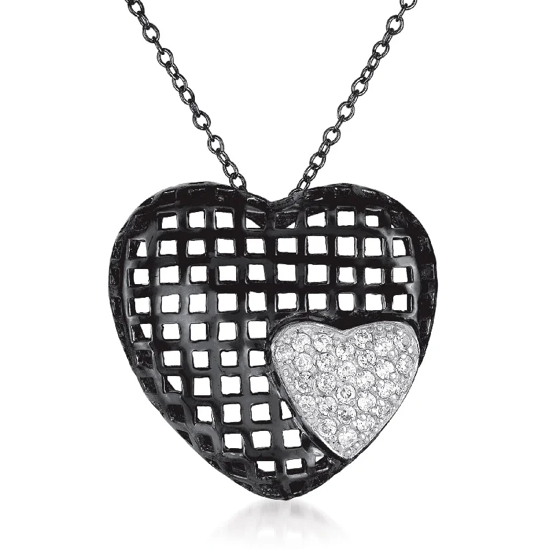 Cloud glass necklaces-C.z. Sterling Silver Black Plated Heart Shape Lace Pendant