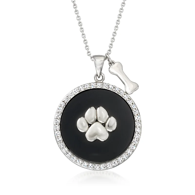 Emerald drop necklaces-Ross-Simons Black Onyx and White Topaz Dog Paw Pendant Necklace in Sterling Silver