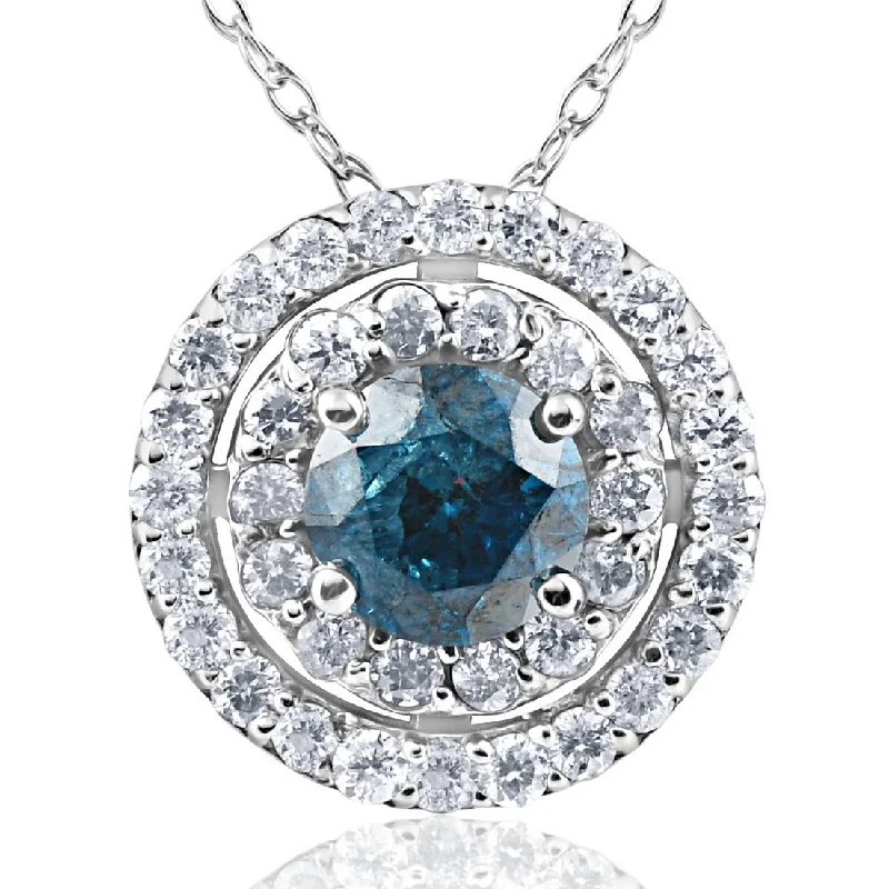 Raised disc necklaces-1 1/4ct Blue & White Diamond Double Halo Pendant 14K White Gold