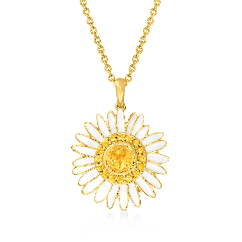 Fine enamel necklaces-Ross-Simons Citrine and White Enamel Daisy Pendant Necklace in 18kt Gold Over Sterling