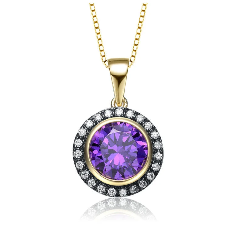 Emerald drop necklaces-Yellow Gold Plated Round Purple Cubic Zirconia Pendant Necklace