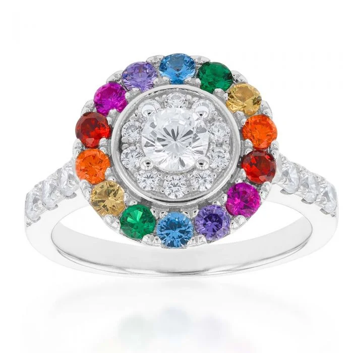 Gloss finish rings-Sterling Silver Rainbow Multicolour Cubic Zirconia Halo & Channel Ring