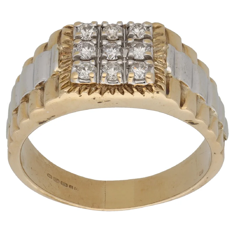 Secure clasp rings-9ct Bi-Colour Gold 0.36ct Diamond Patterned Signet Ring Size W